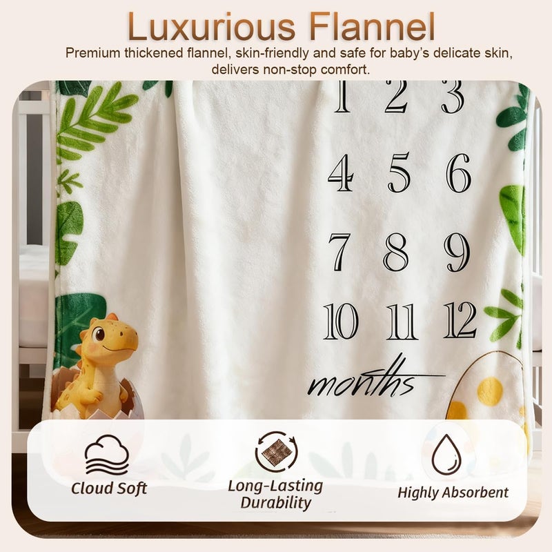 JIX SDFFAY Baby Monthly Milestone Blanket Dinosaur Newborn Month Blanket for Boy & Girl, Personalized Baby Shower Age Photo Photography Backdrop with Growth Prop Frame 45x40 Inches - Image 2